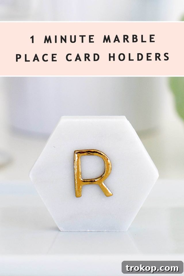 photo of a marble hexagon place card with text