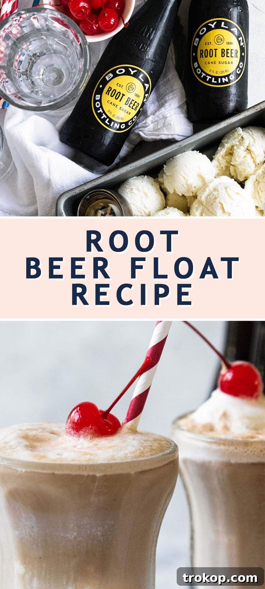 A recipe card detailing how to make a root beer float, showcasing ingredients, instructions, and tips visually.