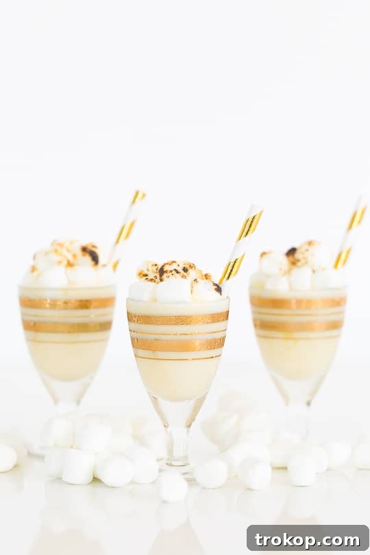 A close-up view of the creamy texture and toasted marshmallow topping of the shots