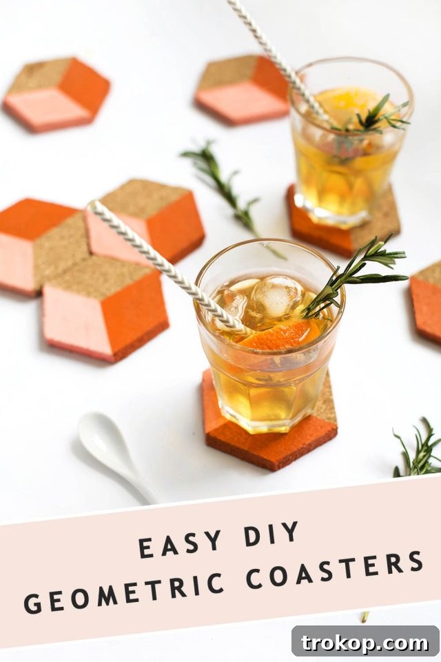 Photo of finished DIY geometric cork coasters with a 'Sugar & Cloth' graphic header