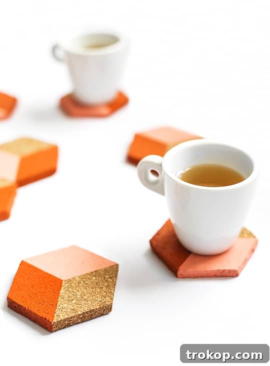 Geometric cork coasters arranged as a trivet with a tea pot