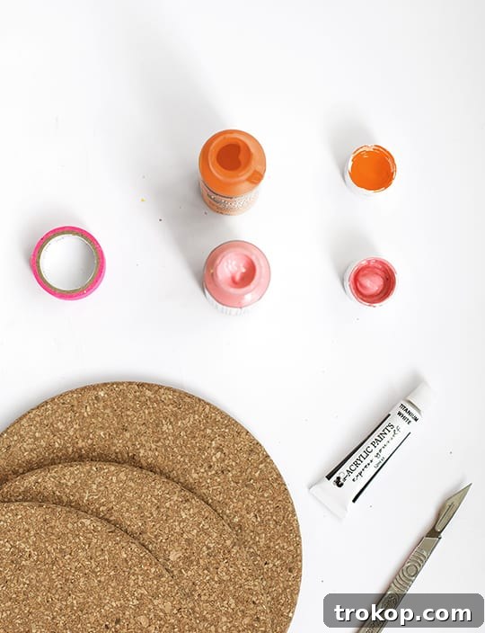 Materials laid out for making geometric cork coasters