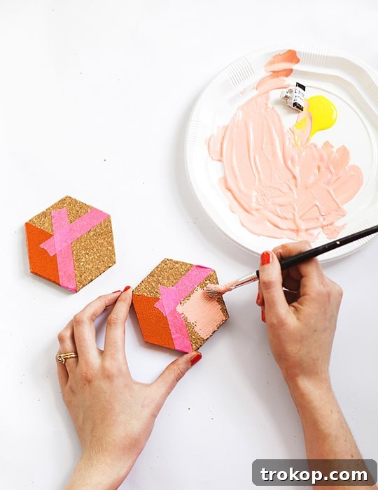 Painting the second section of the geometric cork coaster