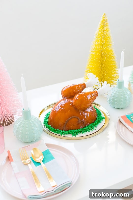 Detailed shot of a charming ice cream turkey cake with decorative elements, a unique Thanksgiving dessert