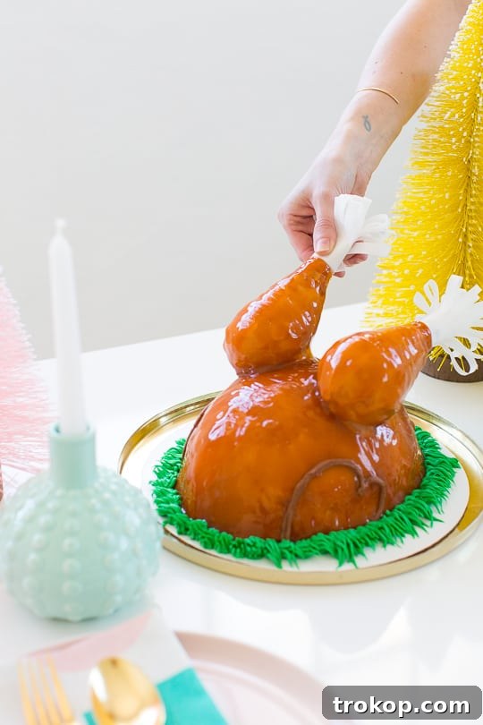 Beautifully decorated ice cream turkey cake, close-up of festive holiday dessert