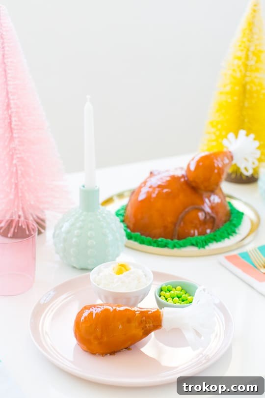 Overhead view of an ice cream turkey cake on a rustic wooden table, ideal for Thanksgiving dessert display