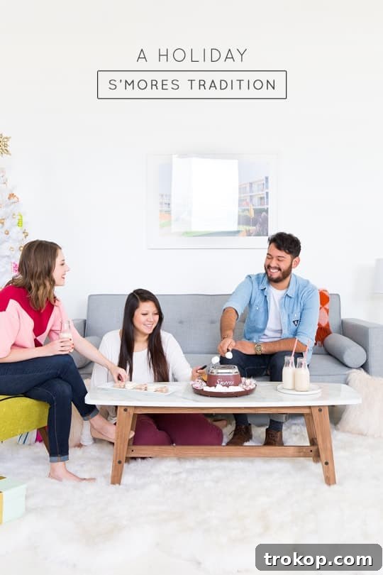 Friends gathered around a festive table for a holiday s'mores party, showcasing modern affordable decor.