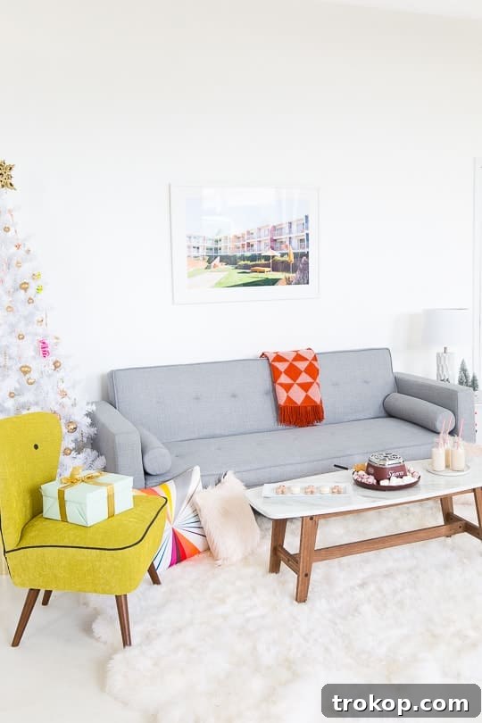 A full view of the festive and affordably decorated studio, ready for a holiday s'mores party.