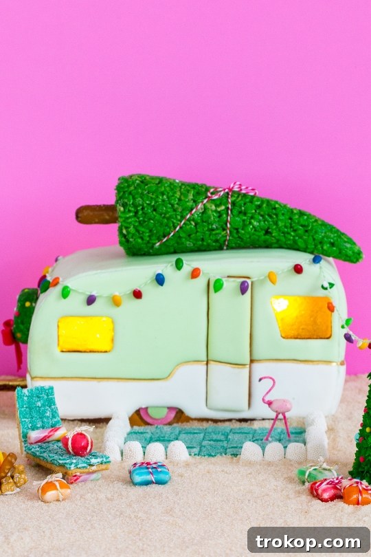 Whimsical gingerbread camper house decorated for holidays
