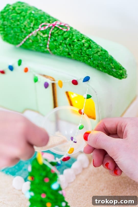 Close-up of DIY gingerbread camper decorations