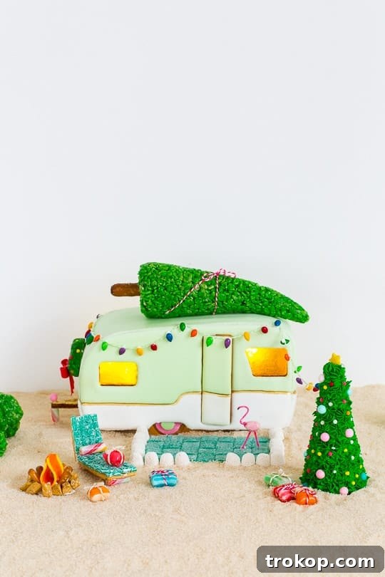 Gingerbread camper set in a festive holiday scene