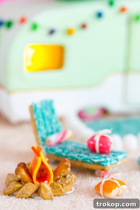 Overhead view of a decorated gingerbread camper display