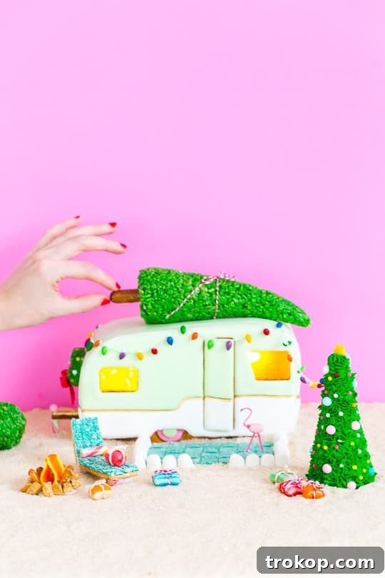 Proudly displayed gingerbread camper house