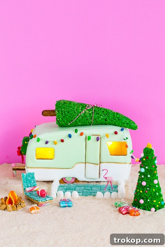 Decorated gingerbread camper house with festive surroundings