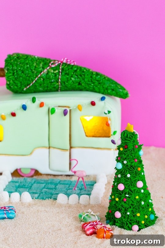 Finished DIY retro gingerbread camper house with holiday decor