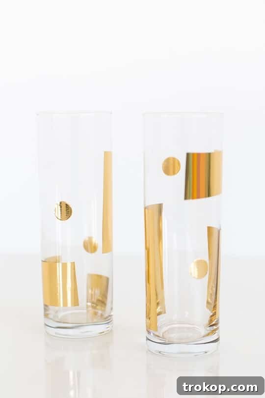 Close-up of geometric gold vinyl patterns on glassware.