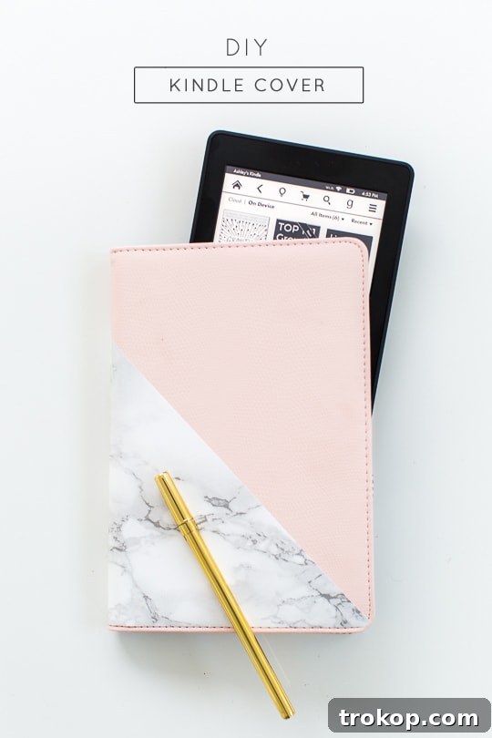 DIY Tablet and E-Reader Cosies 11 Overhead shot of the DIY Kindle cover, styled beautifully on a light background, emphasizing its elegant appearance