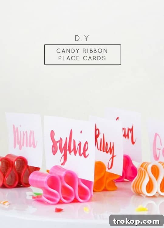 Handmade Watercolor Ribbon Candy Place Settings 11 Beautifully arranged candy ribbon place cards on a holiday table.