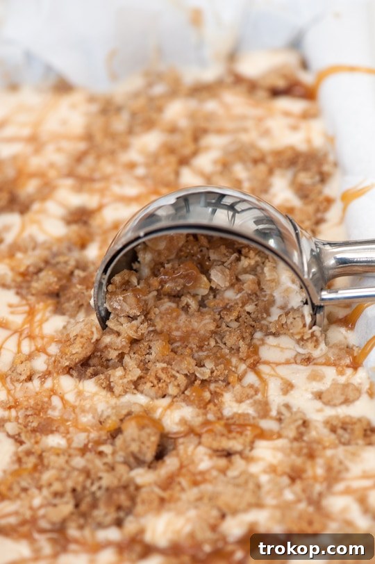 Decadent Caramel Apple Crumble Ice Cream 7 Assembling layers of no-churn ice cream, caramel, and crumble in a loaf pan