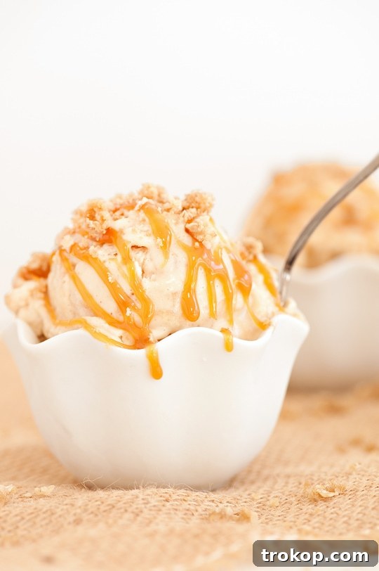 Decadent Caramel Apple Crumble Ice Cream 10 Close-up of a single scoop of Caramel Apple Crumble Ice Cream