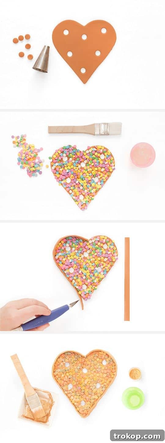 Detailed shot of fondant heart being precisely cut for a marquee light cake