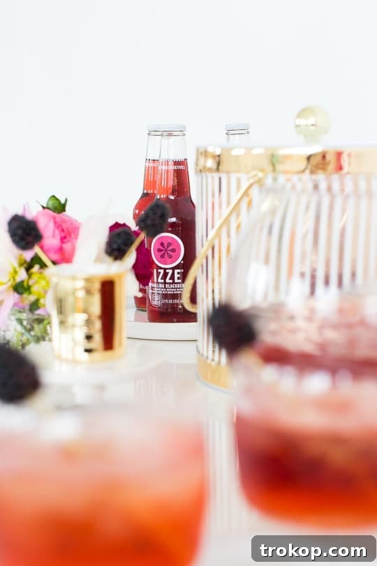 3-Ingredient Blackberry Champagne Fizz 9 Close-up of Blackberry Champagne Punch in a glass with fresh berries and mint
