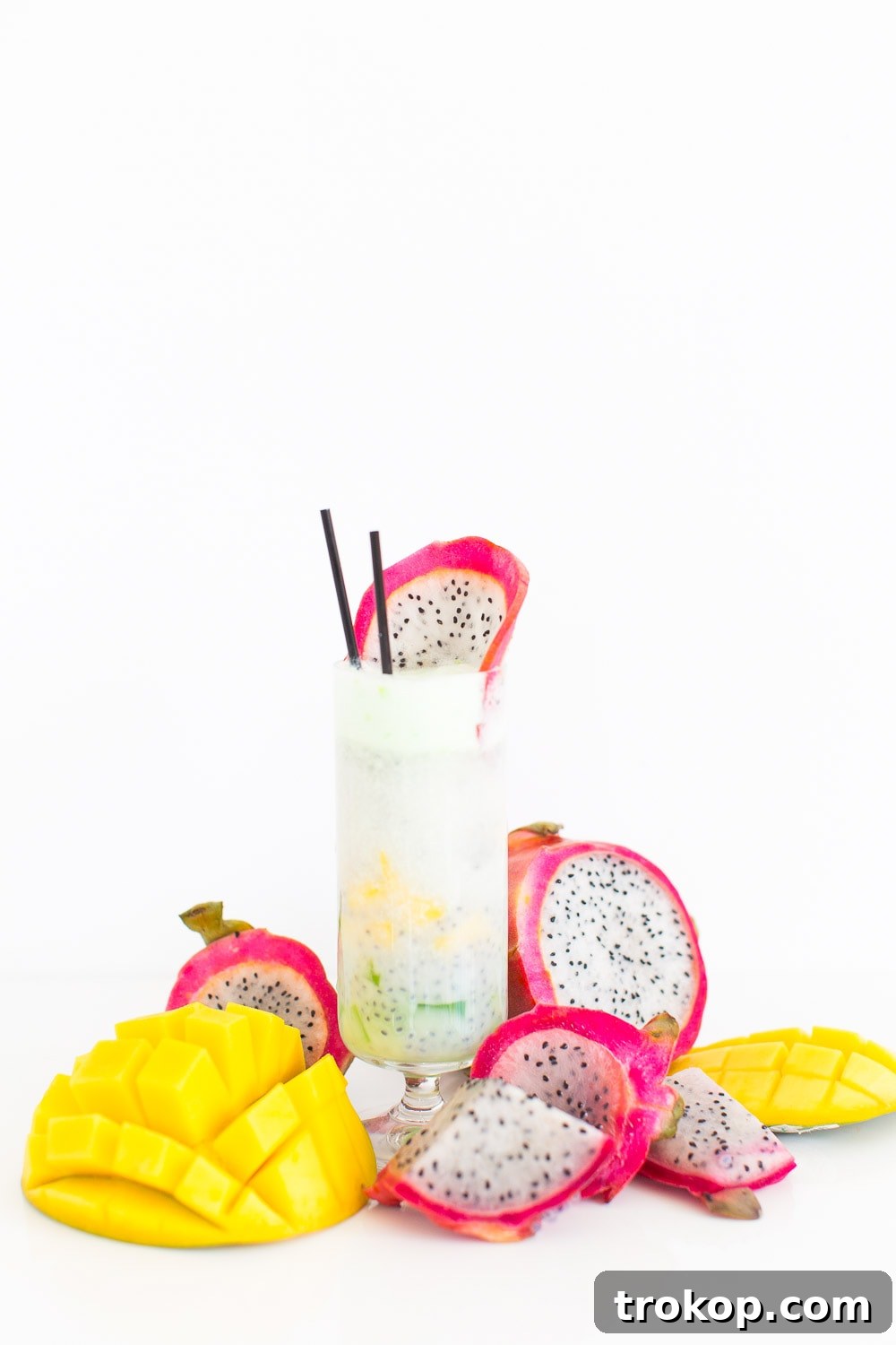 Tropical Thai Fruit Cocktail Recipe 5 Patter Play: Another perspective of the Dotted Thai Fruit Cocktail, highlighting its fresh ingredients and the intricate design of the basil seeds, enhanced by a striking pattern.