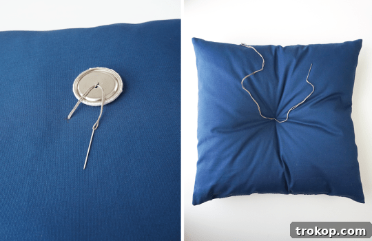 Image showing the covered buttons being attached to the pillow