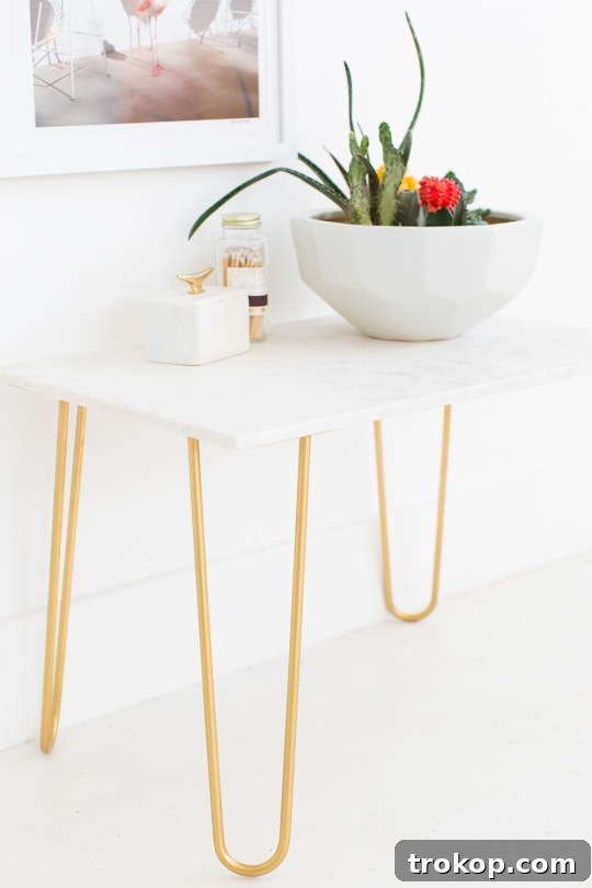 Golden Touch DIY Marble Tabletop 2 Stunning DIY marble table top with elegant gold hairpin legs, styled as a chic side table. Perfect for modern home decor.