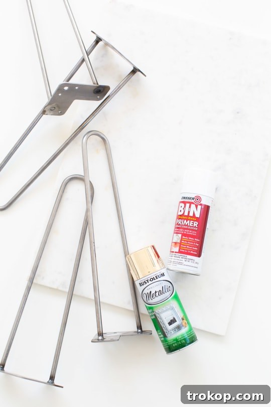 Golden Touch DIY Marble Tabletop 3 Step-by-step guide showing the preparation of hairpin legs for a DIY marble and gold accent table, emphasizing the importance of a clean start.