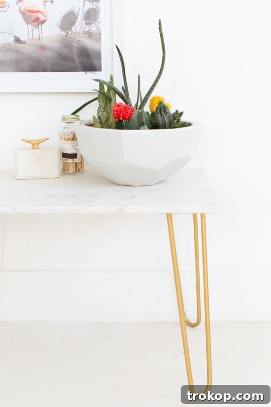 Golden Touch DIY Marble Tabletop 7 Beautifully styled DIY marble and gold accent side table, showcasing a chic, modern aesthetic and elegant home decor.