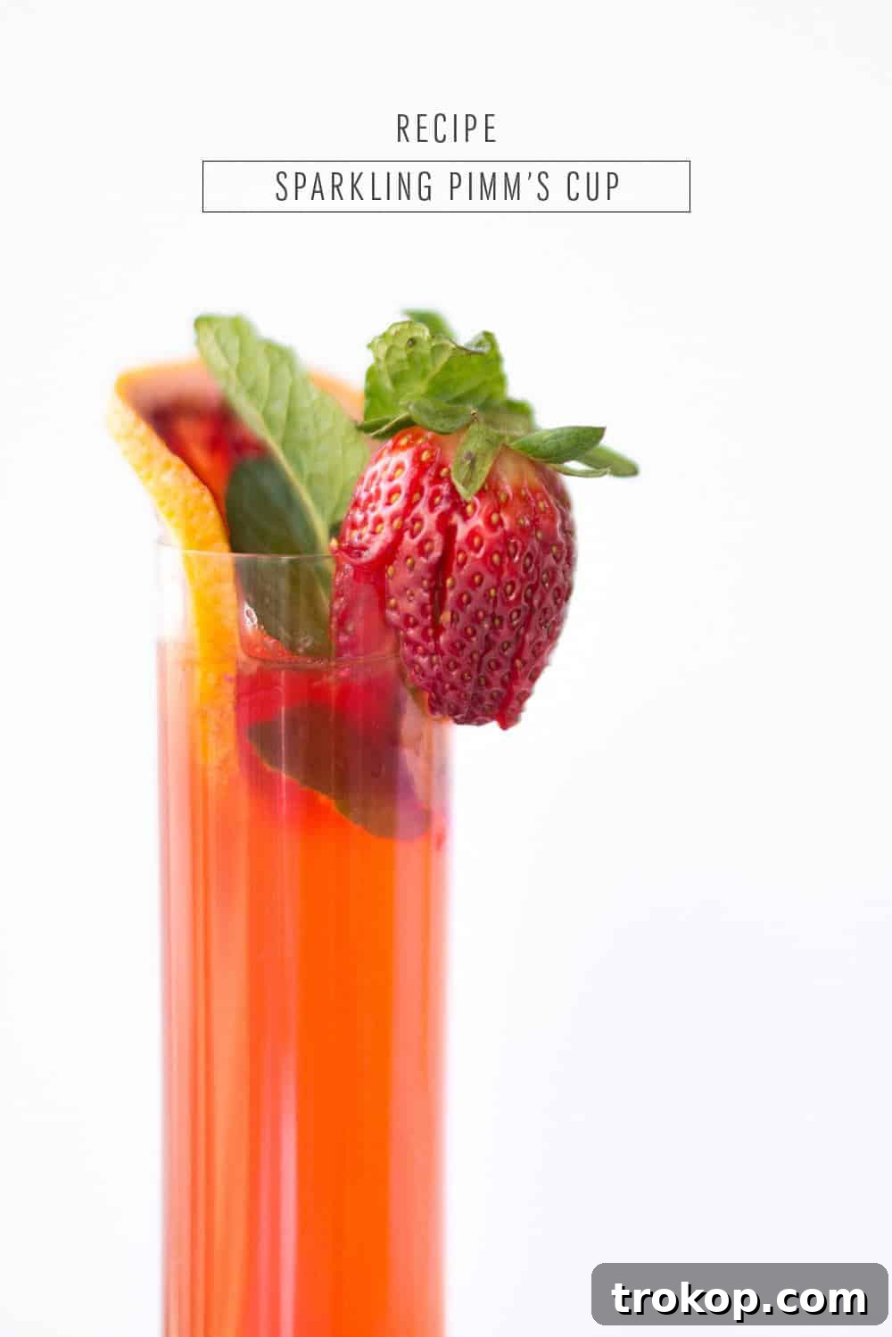 Summer Pimms Sparkler 2 Sparkling Pimm's Cup cocktail garnished with cucumber, strawberry, and blood orange