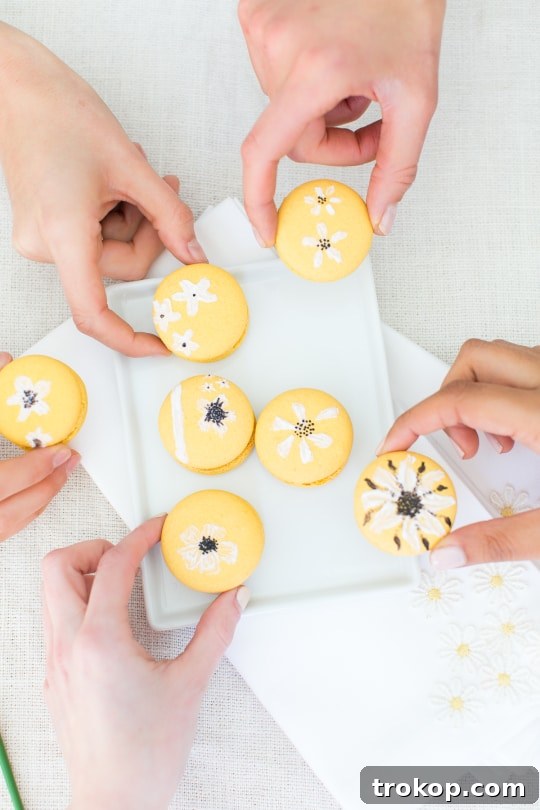 Assorted DIY Easter wildflower macarons arranged on a plate