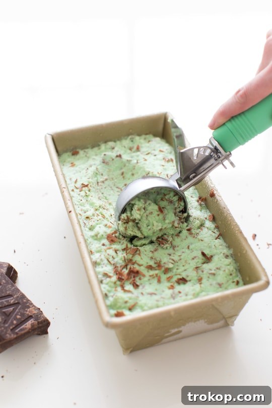 The Crème de Menthe ice cream mixture, showcasing its light green hue and the addition of chocolate shavings, ready to be frozen.