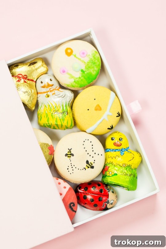 Hand-painted Easter macarons with chick design, inspired by Lindt chocolates