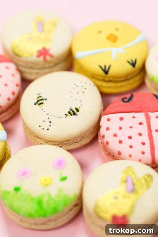 Bee macaron with yellow royal icing and black edible marker stripes and wings