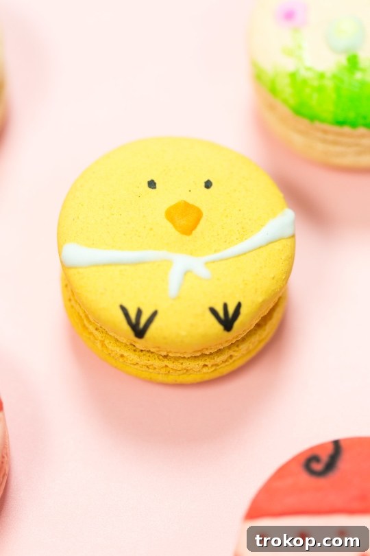 Detailed view of an Easter chick macaron with orange beak and blue bandana