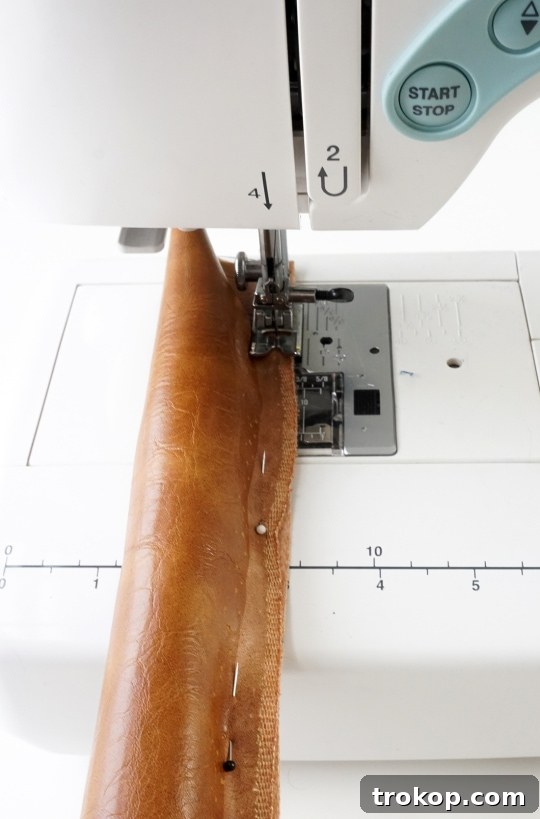 Pinned faux leather strips with cording