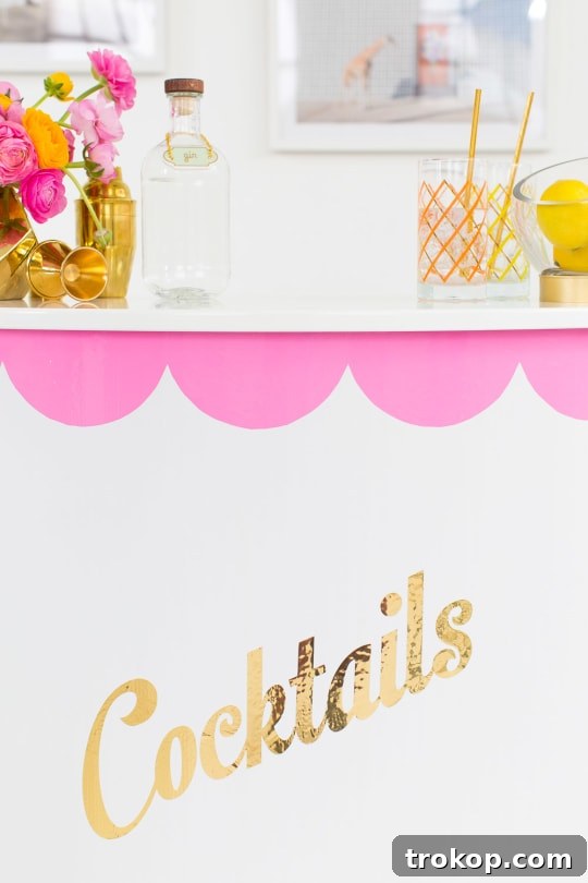 Build Your Own Vintage Mobile Bar 6 Close-up of metallic gold retro decal applied to the portable bar
