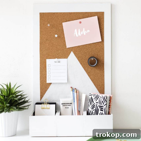 Craft Your Custom Desk Organizer 13 A photo of a DIY desk organizer with a cork board, demonstrating a simple yet modern design.