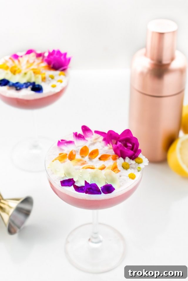 Pink Gin Sour Perfection with Handmade Grenadine 2 Pink Gin Sour cocktail with edible flowers and bar equipment