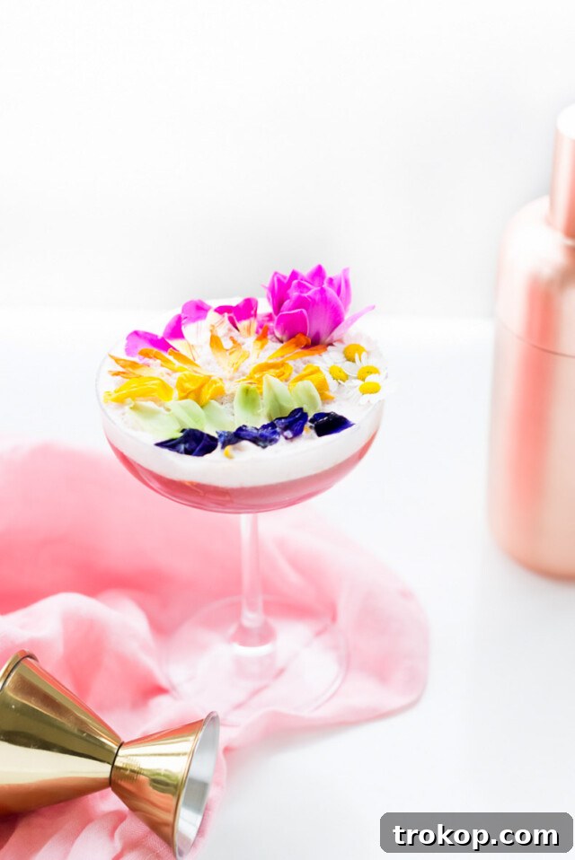 Pink Gin Sour Perfection with Handmade Grenadine 9 A perfectly Spring edible flower Rainbow Sour cocktail recipe that's almost too pretty to drink!