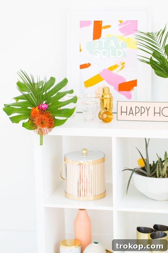 Tropical floral bar cart swag for summer parties and events
