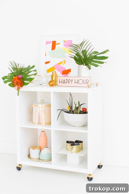 Finished tropical floral swag elegantly displayed on a bar cart