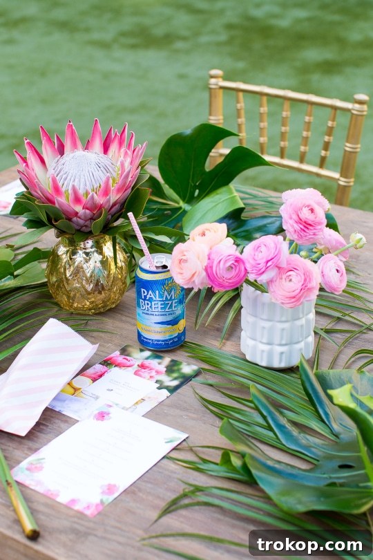 Tropical cocktails and vibrant floral decorations at the Dallas event