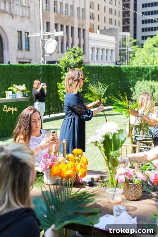 Stylish bar area with tropical floral arrangements and bottles