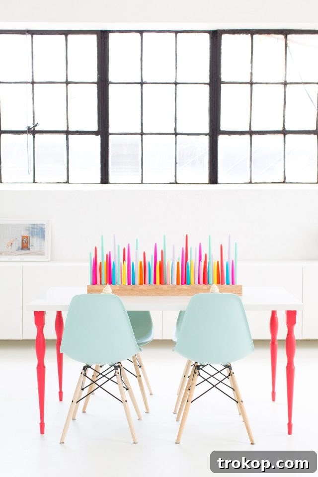 A vibrant DIY taper candle holder with rainbow candles, perfect for a lively home decor