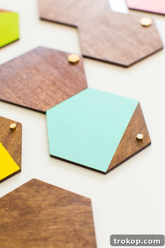 Craft Your Own Petite Wood Platters 6 Step 3: Painting sections of the hexagon board, brushing away from the tape