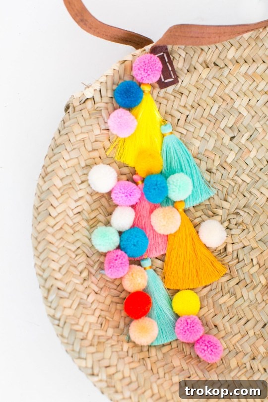 A beautifully handcrafted DIY pom pom tassel circle bag, showcasing intricate details and vibrant colors.