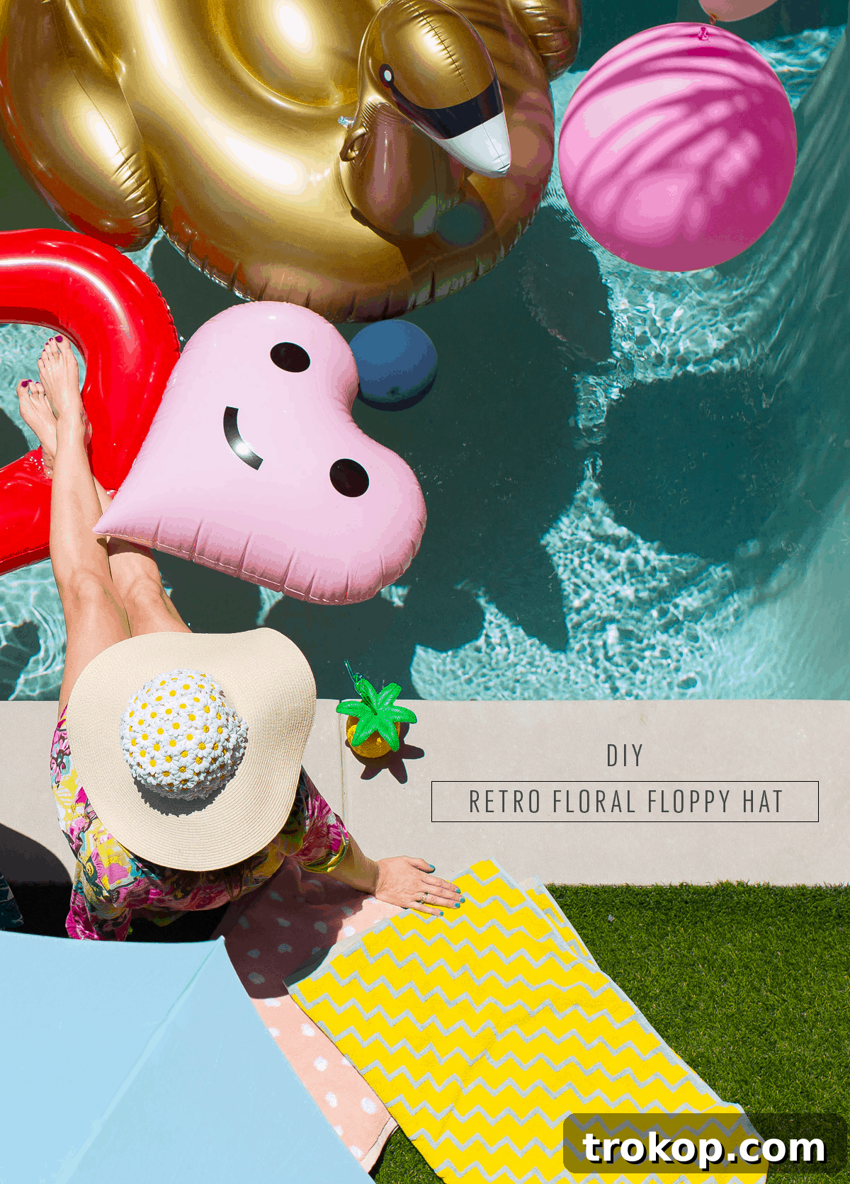 A collage of two images, featuring a woman with the DIY floral floppy hat and various poolside accessories, embodying summer style.